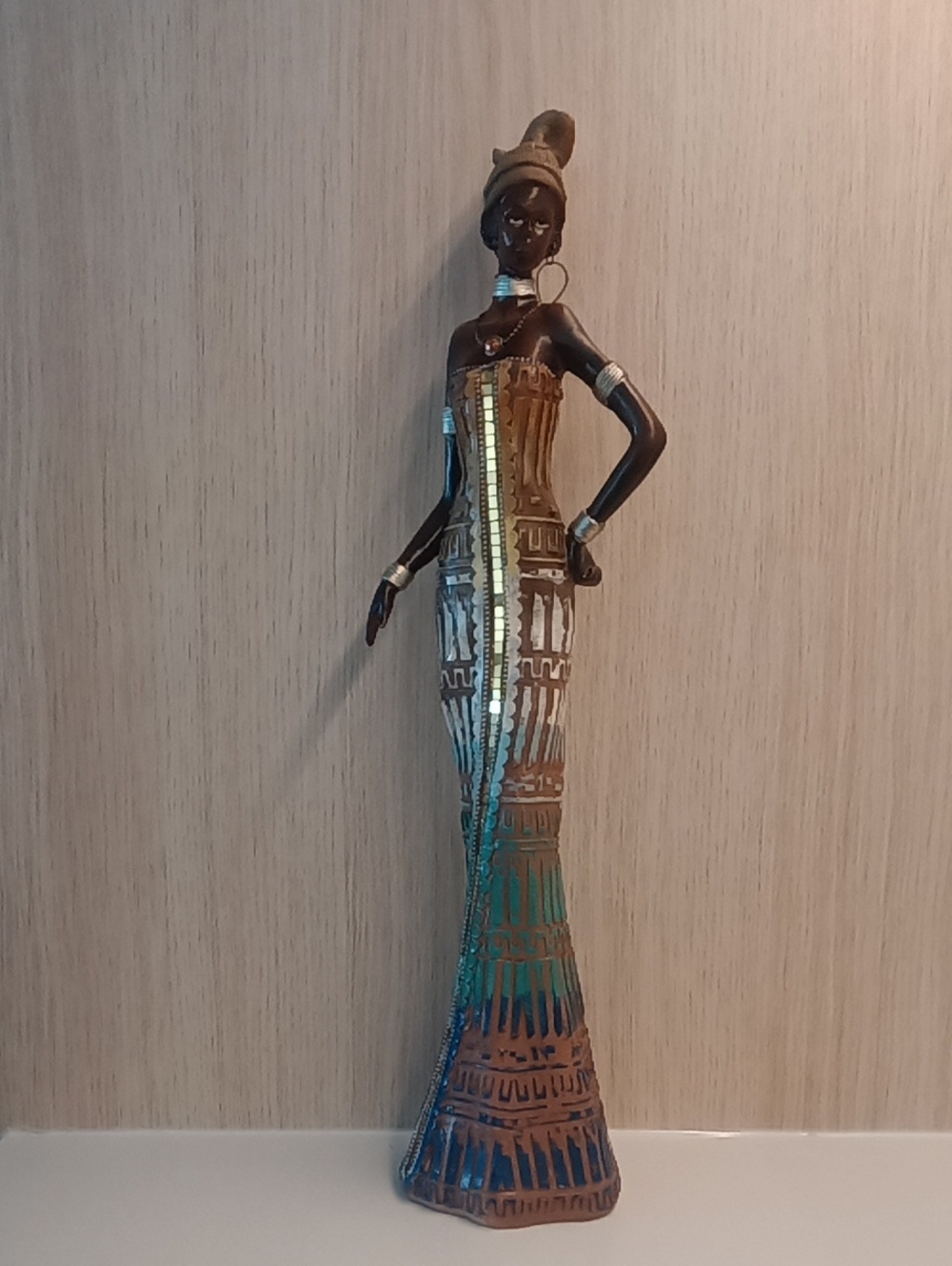 Handcrafted African Woman Sculpture in Brown and Teal - Decorative Home Art